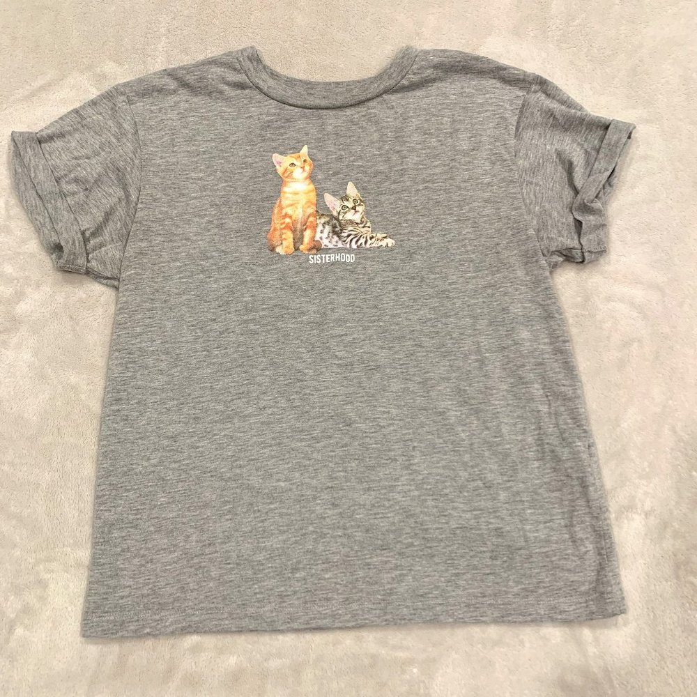 Topshop Size 6 Grey Marled Cat Sisterhood Graphic Cuffed Short Sleeve T-Shirt